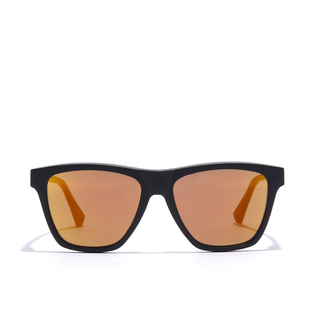 Matte black square Unisex sunglasses with mirror lilac lenses, silver logos, microfiber pouch