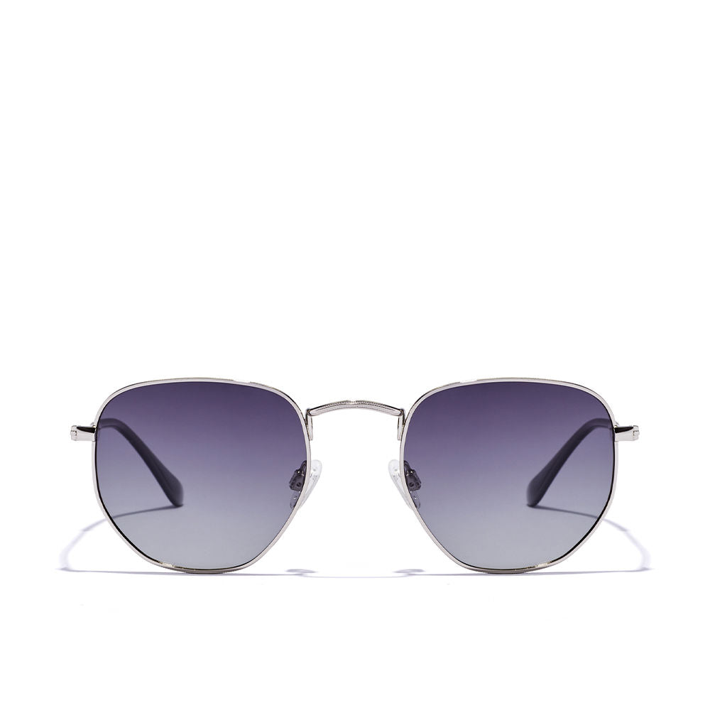 Unisex geometric stainless steel sunglasses with polarised dark lenses