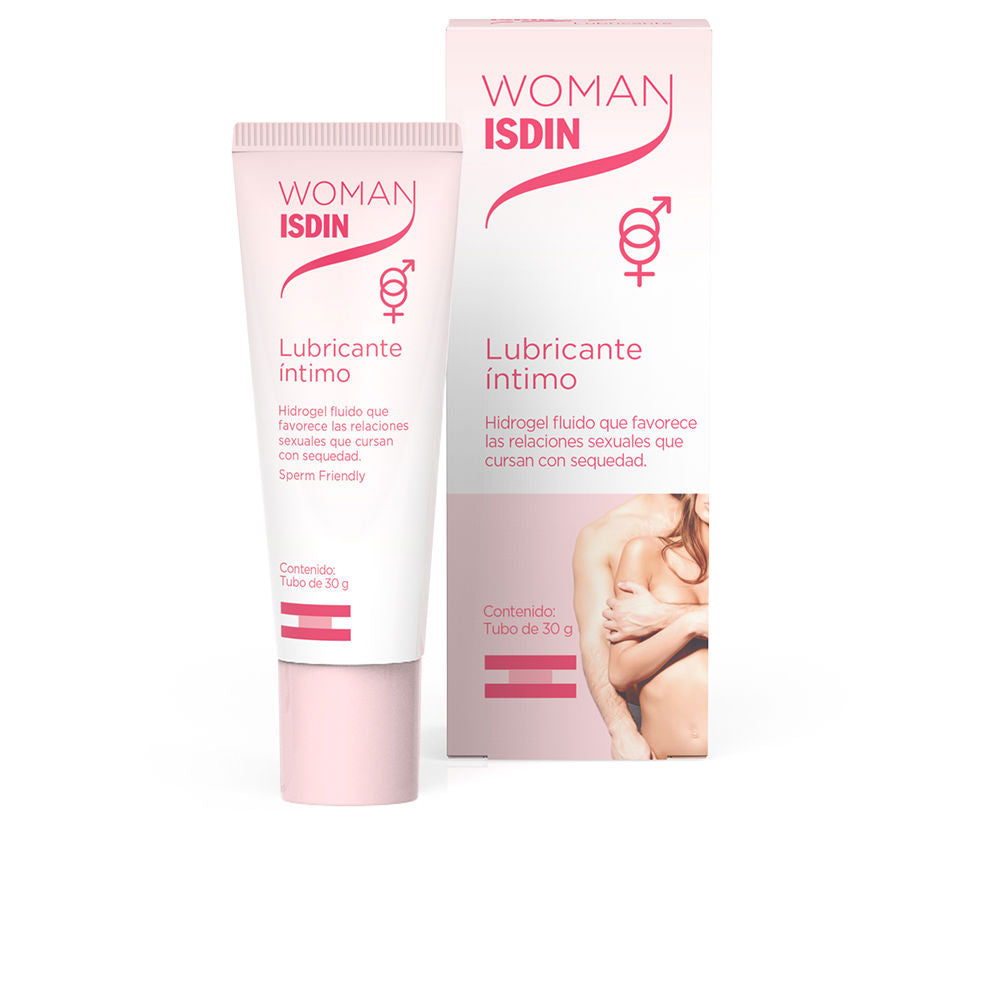 Isdin Pink-and-white tube and box of intimate lubricant in minimalist packaging, plastic tube, printed gender symbols, clean design