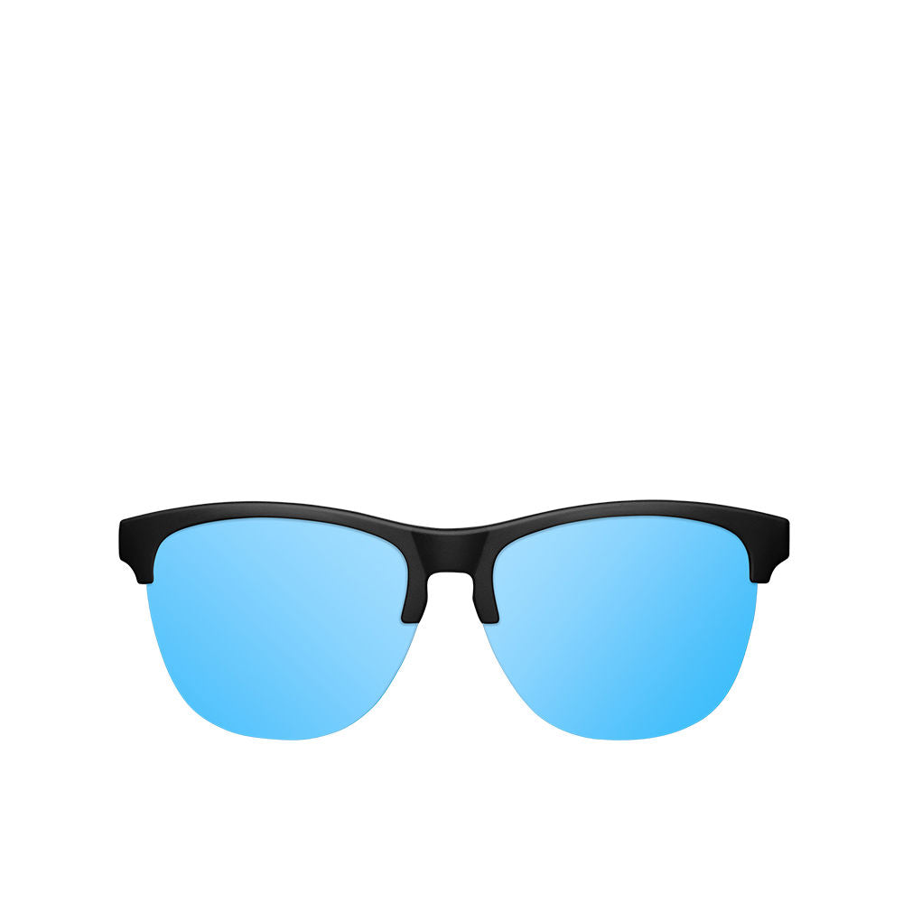 Unisex round sunglasses matte black frame with mirrored ice-blue lenses