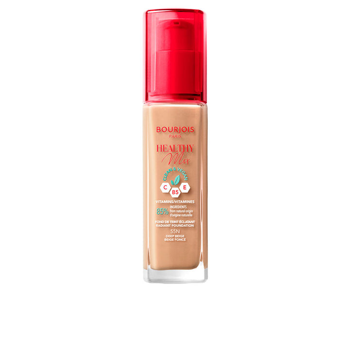 30 ml liquid foundation bottle in 55 Deep Beige, radiant natural finish