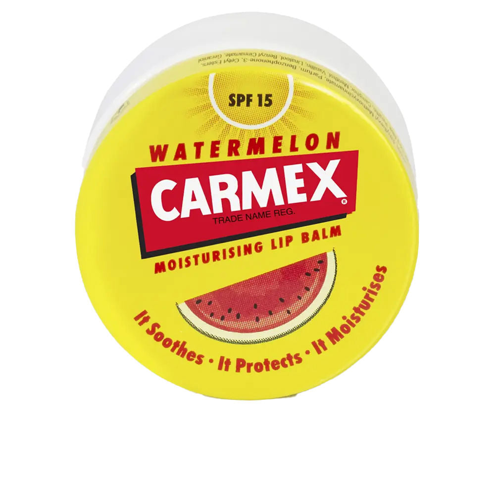 Small jar of watermelon‑scented SPF 15 lip balm, 7.5 g, pink tub