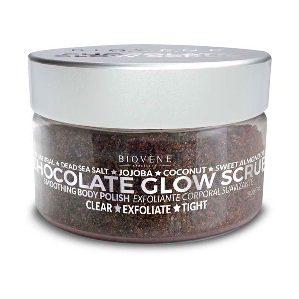 Jar of chocolate-coloured salt body scrub with oils, 200 g