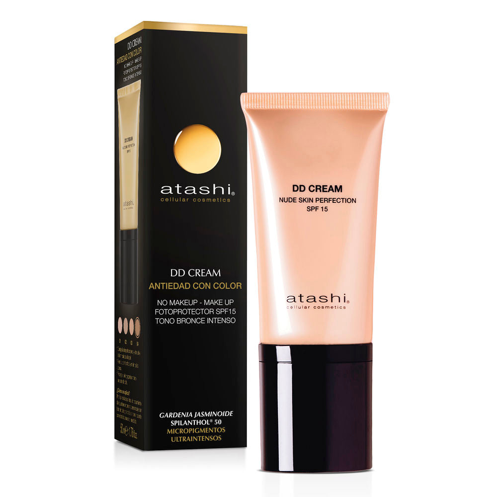 Bronzed tinted DD cream tube and swatch showing light golden coverage, 50 ml