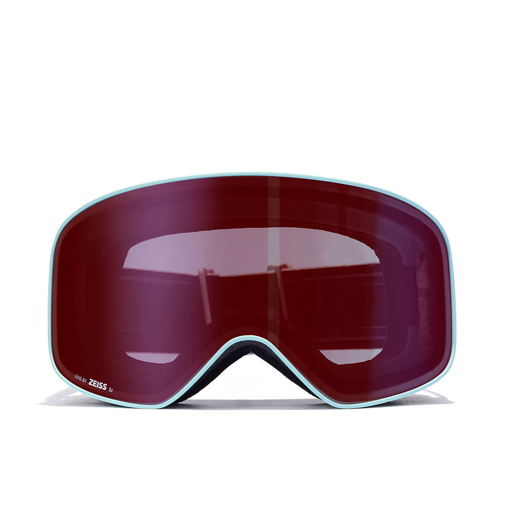 Matte black goggles with pink stripe strap, two Zeiss lenses, unisex ski goggles