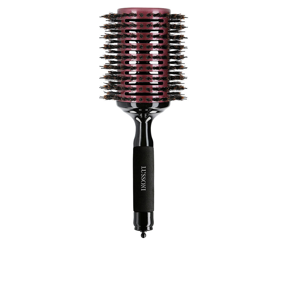 Round beechwood hairbrush with hollow vent barrel, boar and nylon bristles, removable pin
