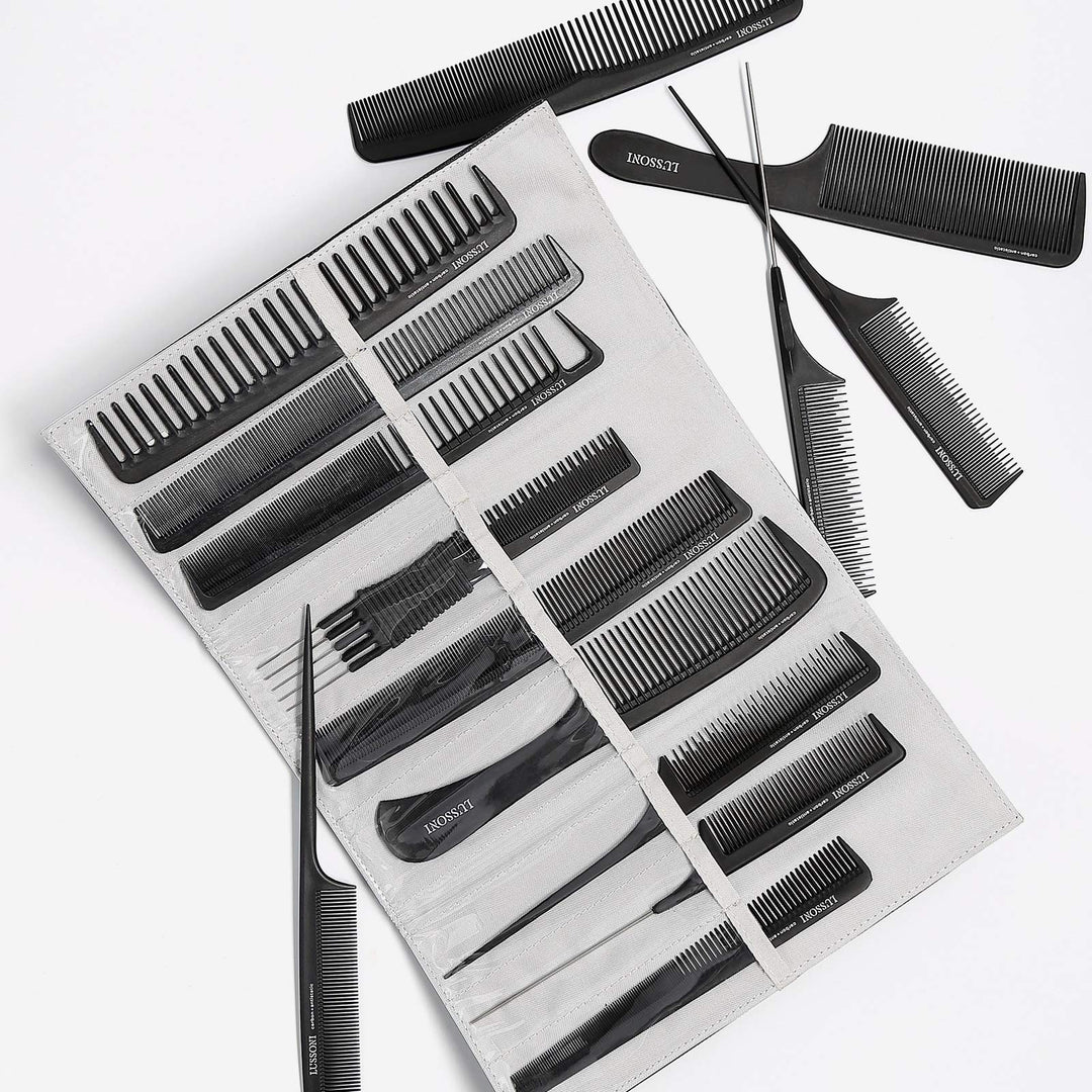 Dual‑sided black styling comb with fine teeth and wide hooked teeth for sectioning