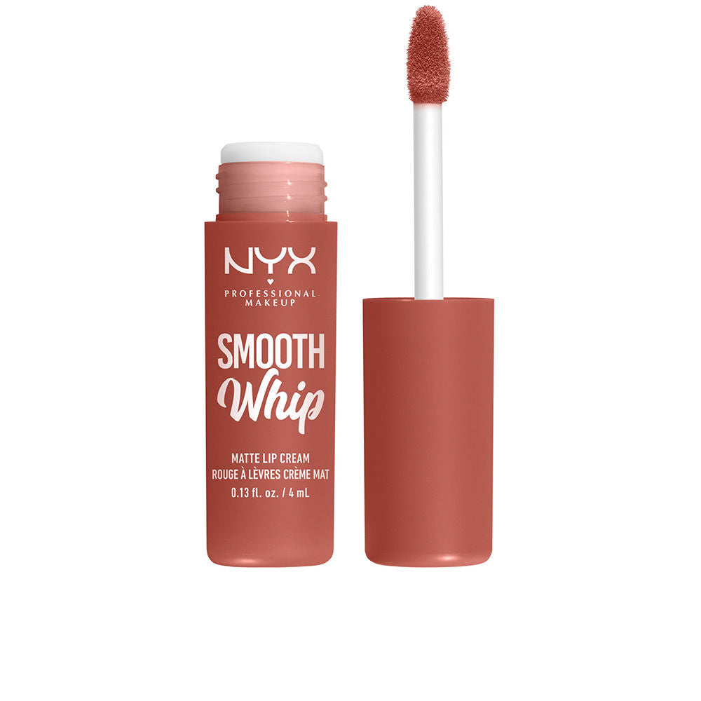 Matte liquid lip cream in warm cocoa brown, doe-foot applicator visible