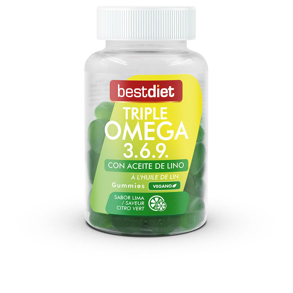 Jar of lime‑flavoured vegan triple Omega gummies, 60-count tub