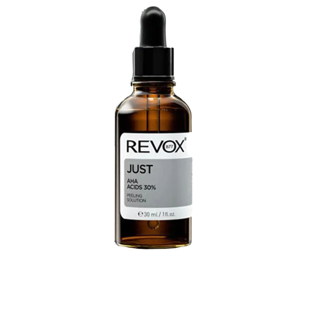30 ml clear serum bottle labelled AHA fruit acid exfoliant, lightweight liquid