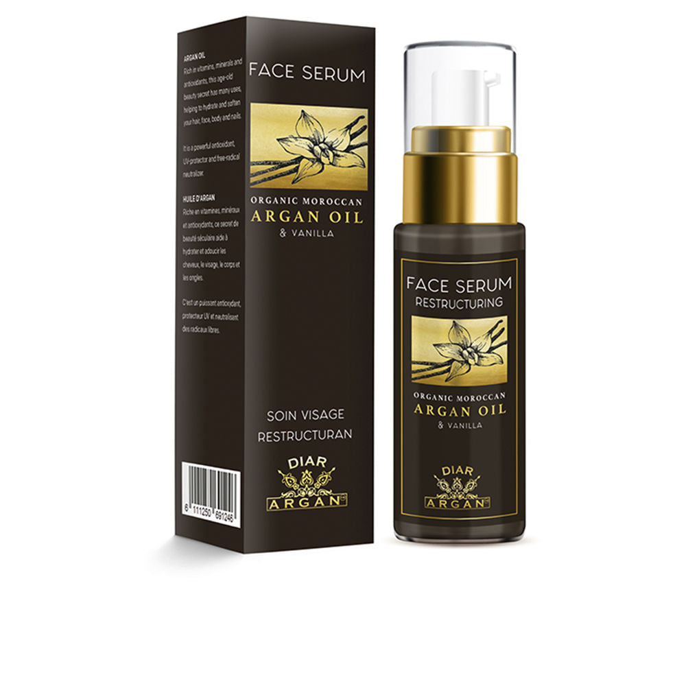 30 ml glass bottle of argan and vanilla face serum with dropper