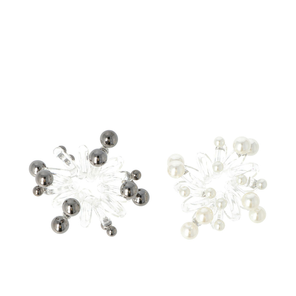 Two clear spiral hair ties with metal cores and white and silver beaded ends, Inca.
