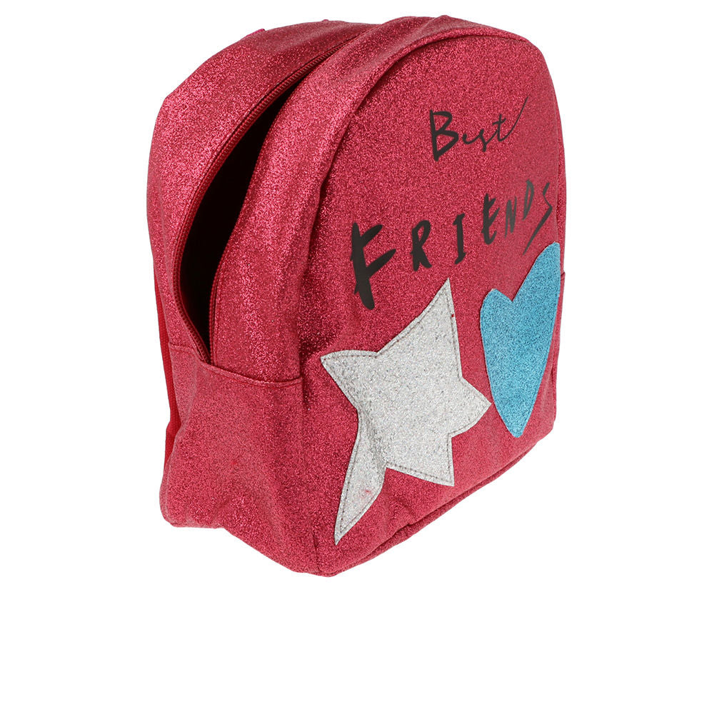 Small unisex kids' backpack with glitter finish and star and heart patches, red or silver