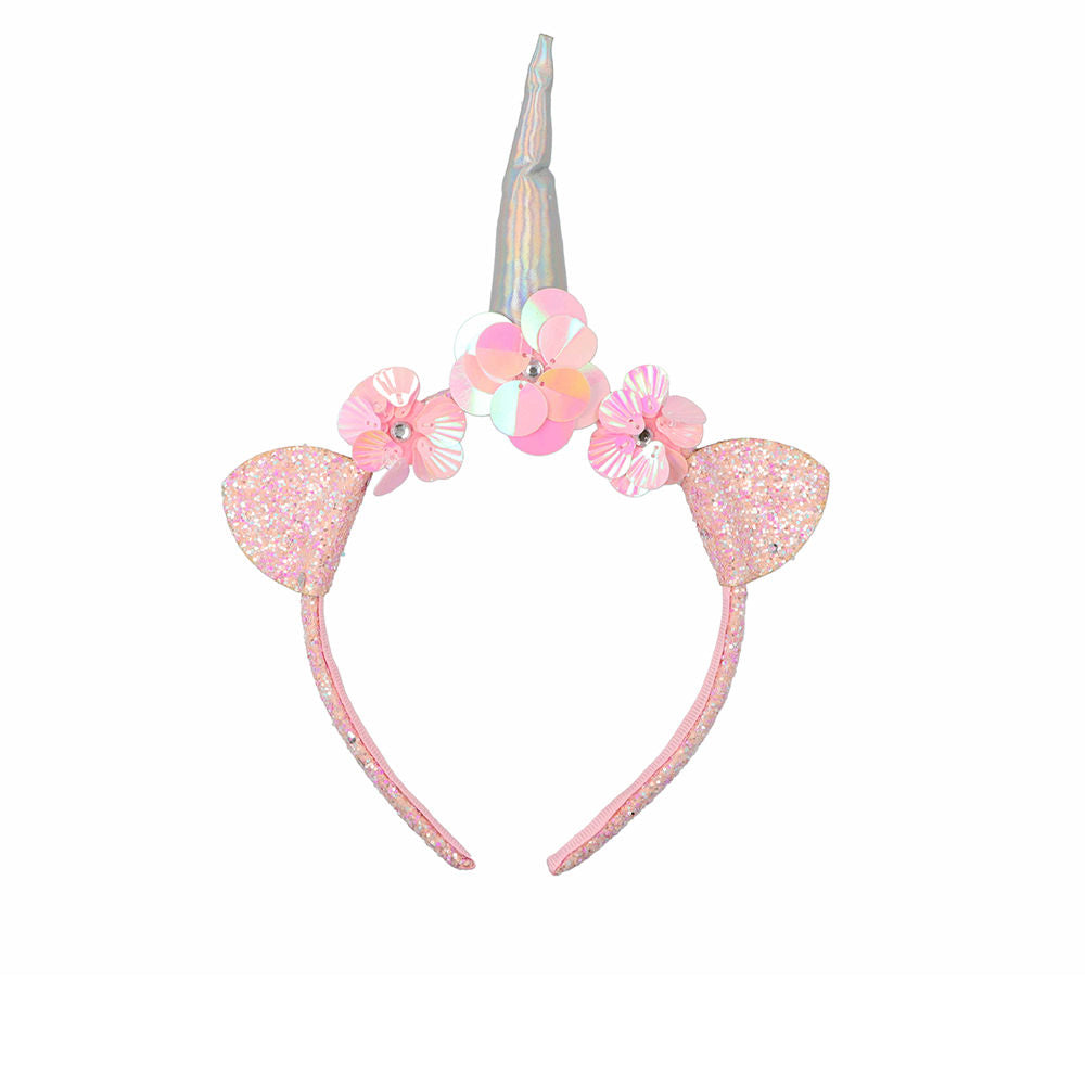 Soft padded unicorn headband in pink and silver fabric with sequins, glittery ears, and horn, Inca