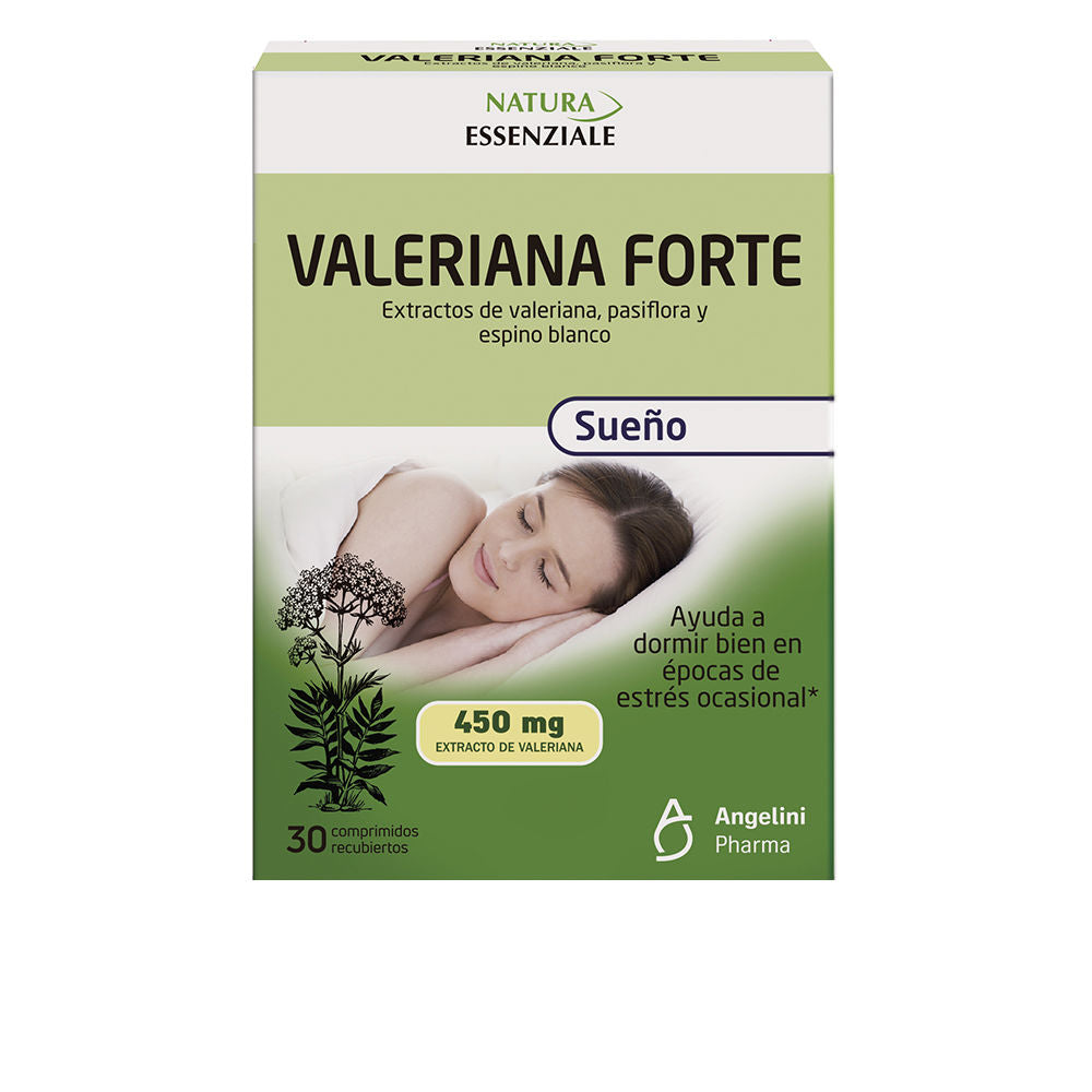 Natura Essenziale White round Valerian Forte tablets on linen backdrop beside dried valerian root sprig, photographed for