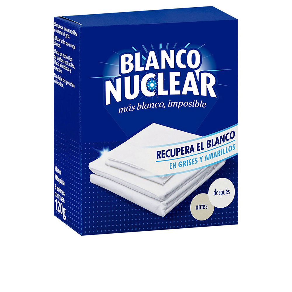 Iberia Blue and white laundry whitener box with folded fabric image, bold typography, comparison circles, dotted pattern
