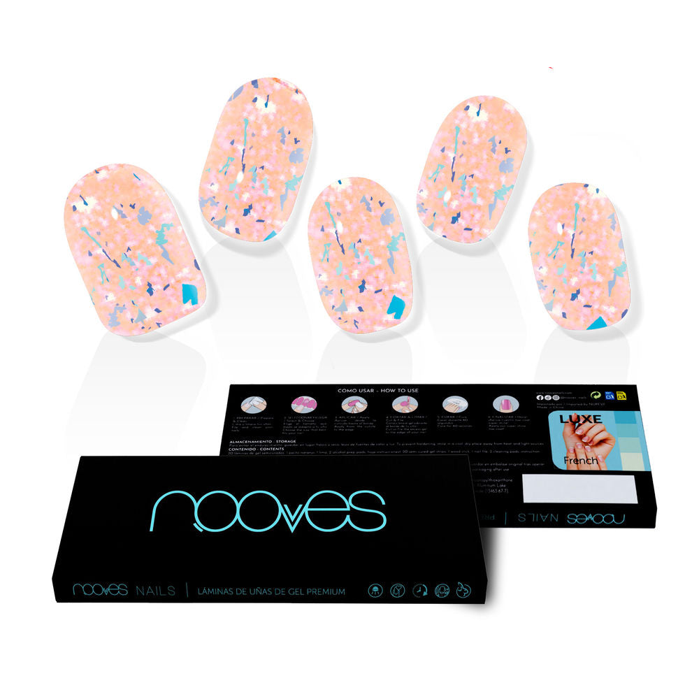 Boxed set of 20 metallic peach gel nail sheets with file and orange stick