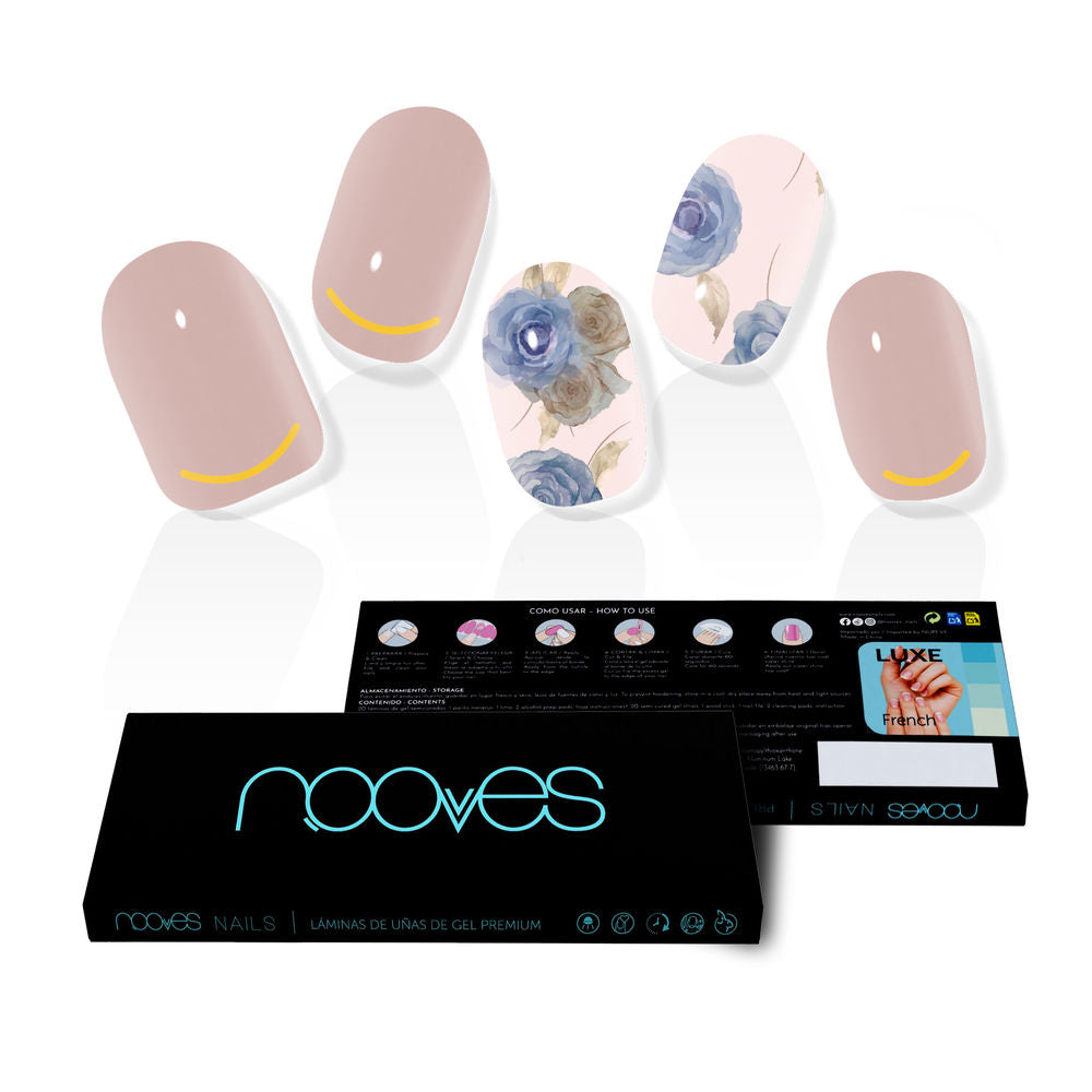 Pack of 20 metallic floral pre-cured gel nail sheets with buffer and orange stick