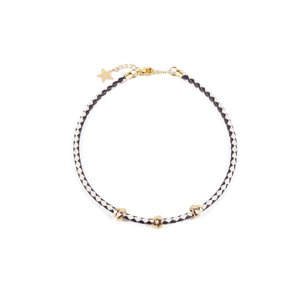 Two‑tone braided Italian leather choker with gold‑plated brass accents, adjustable clasp