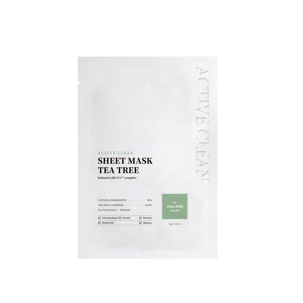 Single‑use tea tree sheet mask sachet and saturated fibre mask, 23 g