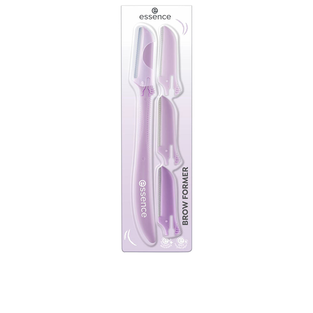 Compact stainless brow trimmer with three interchangeable heads, travel-sized grooming tool