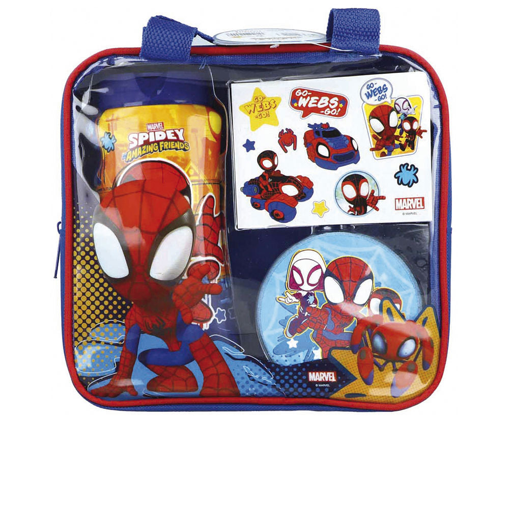 Red, blue, yellow lunch bag with clear plastic front, Spiderman graphics, top handle, zipper, Marvel branding