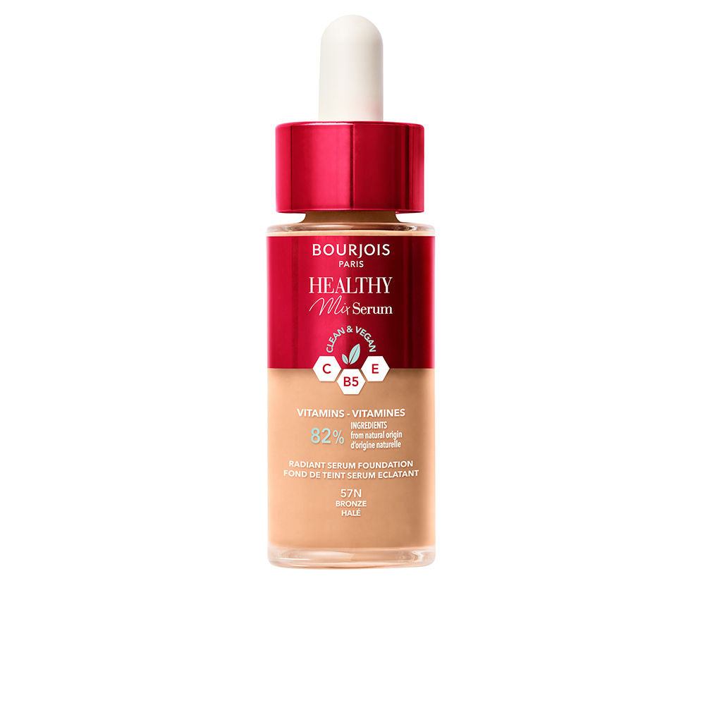 30 ml serum-tint foundation in bronze shade, pump bottle, dewy finish