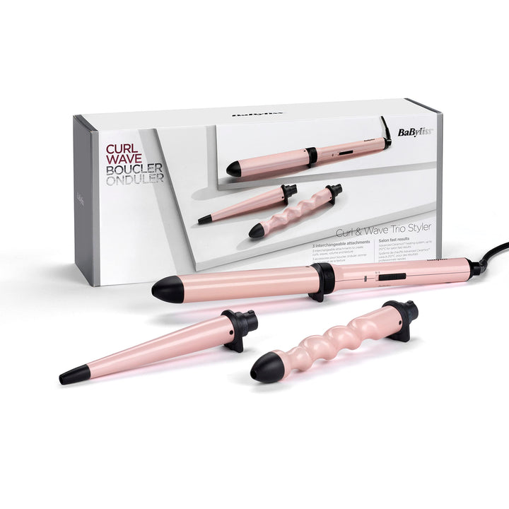 Three‑barrel curling wand set with ceramic barrels and locking mechanism, Unisex styling tool