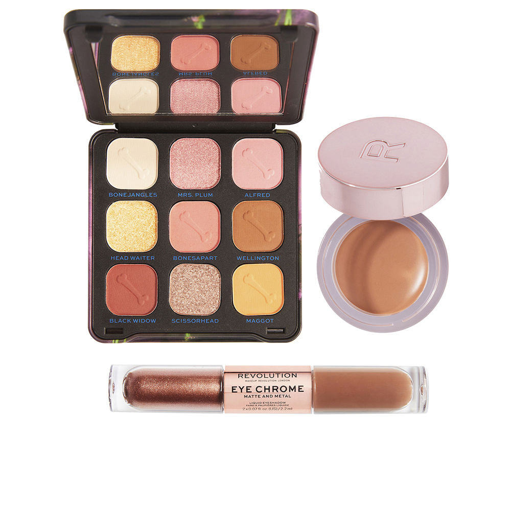 Warm 9-shade eyeshadow palette with matte and metallic finishes, embossed bone details, mirror — Revolution Make Up
