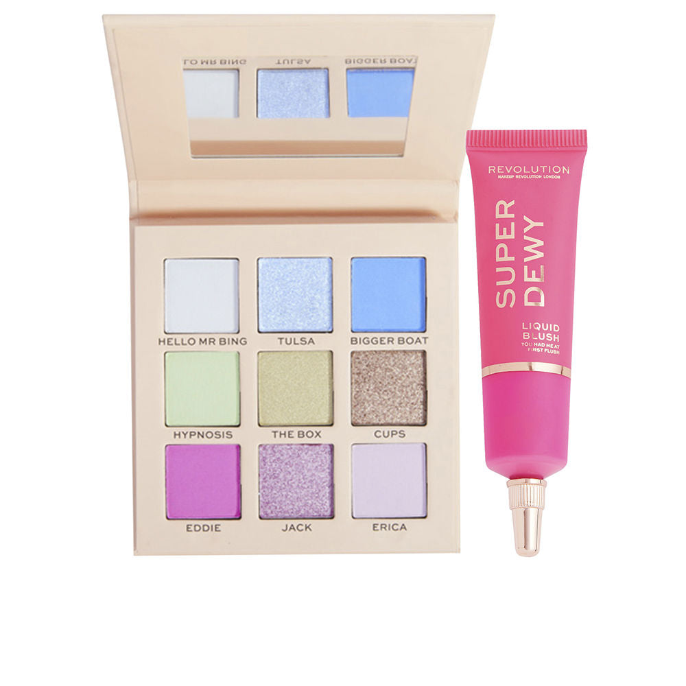 Revolution Make Up Nine-shade rectangular eyeshadow palette with mirror and matte and shimmer pans, plus matching plastic liquid-blush tube