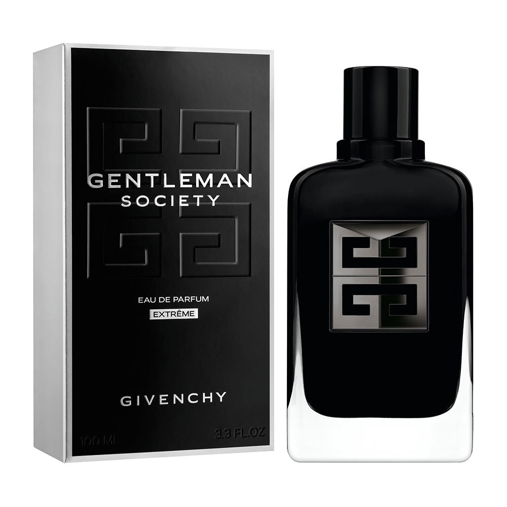 Givenchy Black glass perfume bottle with rectangular shape, metallic logo plaque, glossy finish, rounded edges