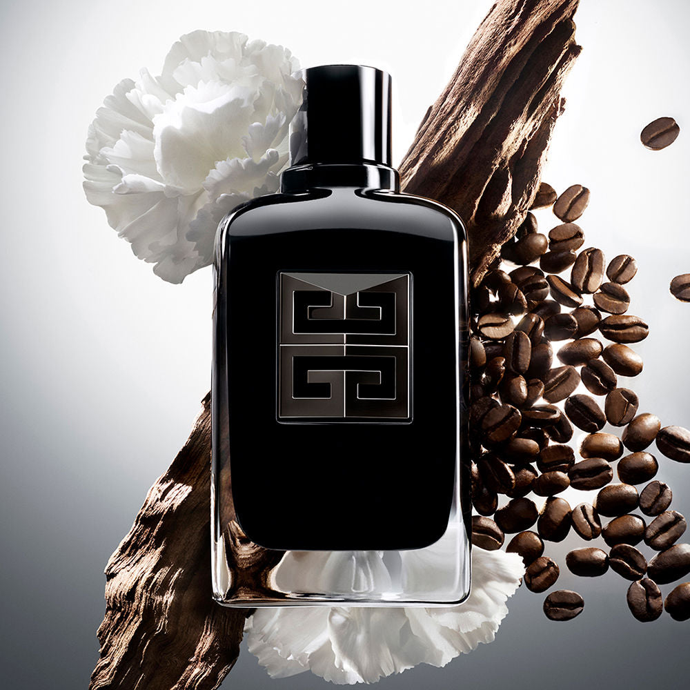 Givenchy Black glass perfume bottle with rectangular shape, metallic logo plaque, glossy finish, rounded edges