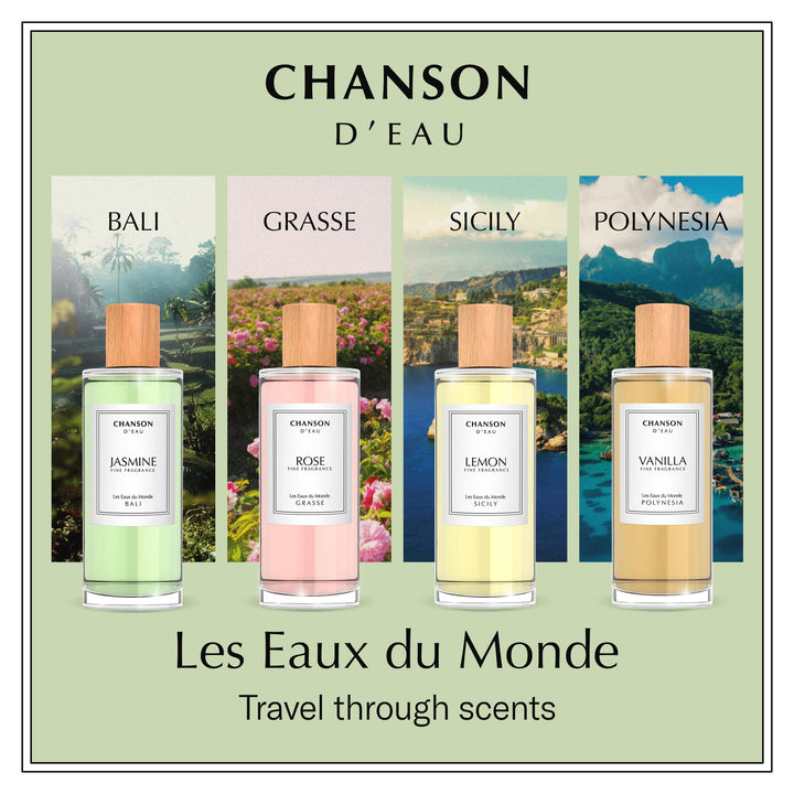 Clear 100 ml perfume bottle with yellow citrus fragrance, minimalist label