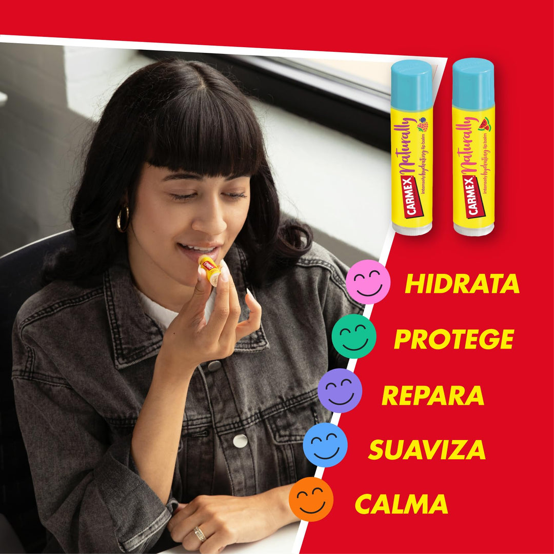 Carmex natural watermelon lip balm stick in slim, twist-up tube