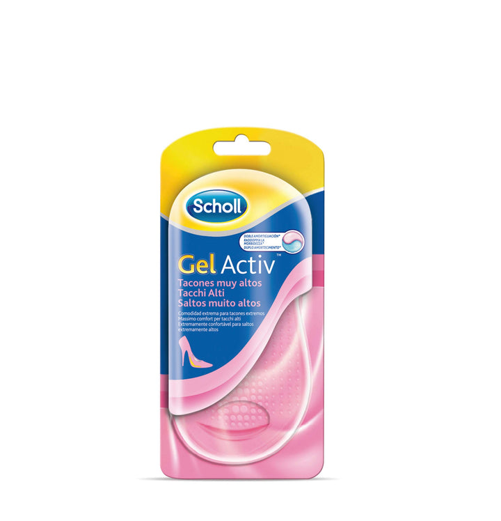 Scholl Clear gel forefoot insole with raised-dot texture, contoured arch support, small high-heel fit