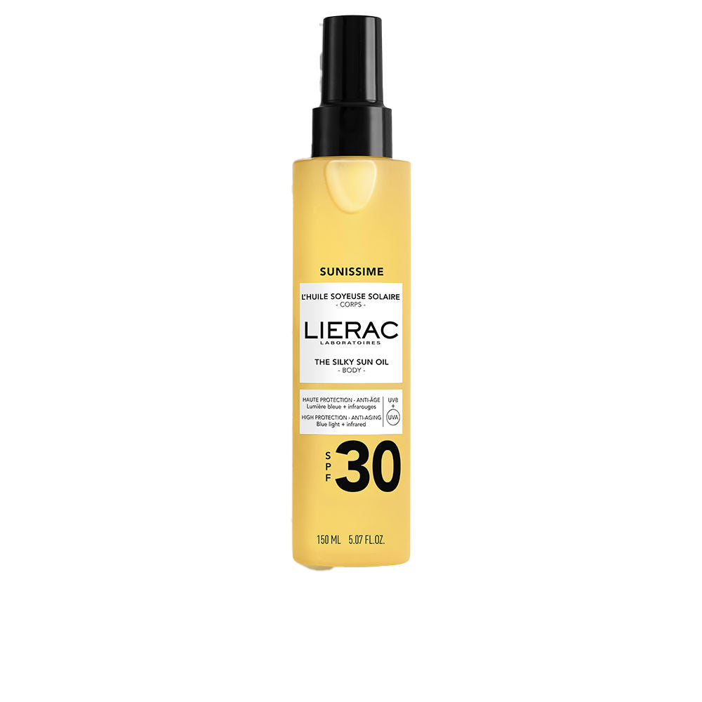 Bottle of Lierac Sunissime silky body sunscreen oil with SPF 30, golden oil texture
