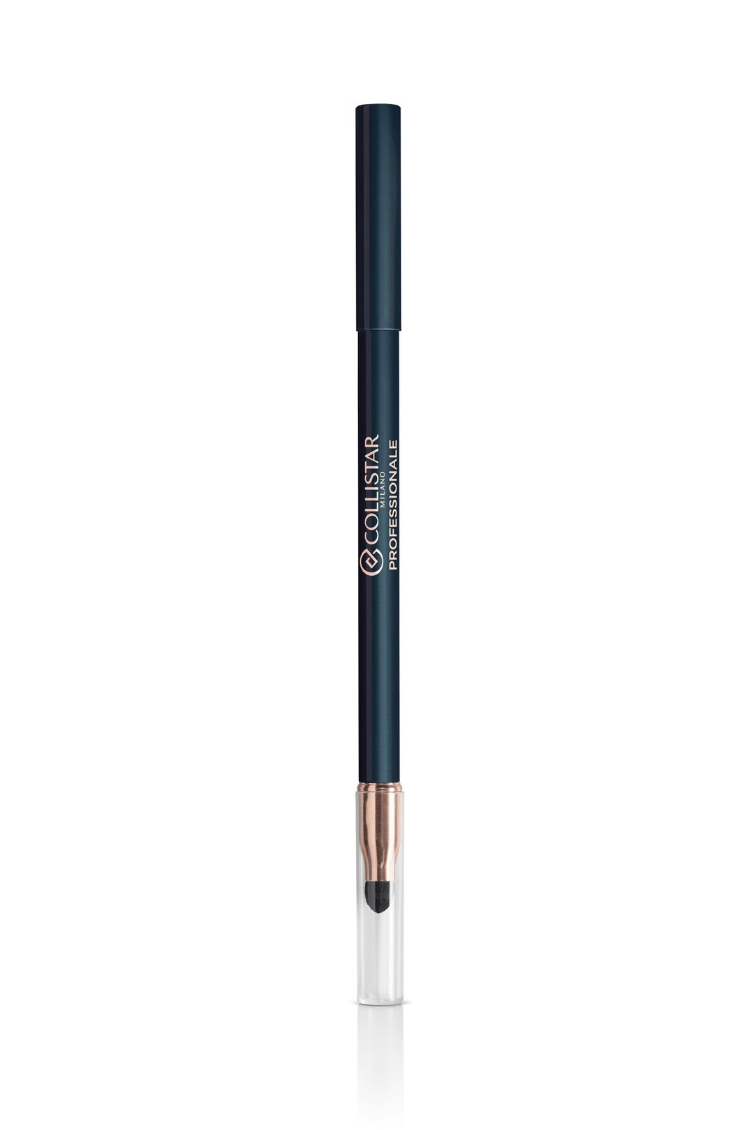 Slim metallic blue eye pencil with smudger, waterproof cream formula