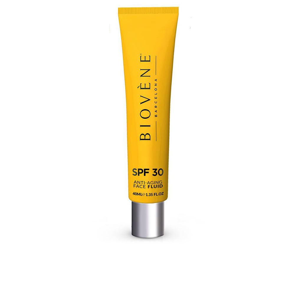 Biovène Yellow plastic tube with silver cap, vertical brand text and SPF 30 label for face fluid