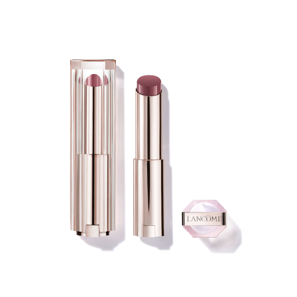 Tinted buttery lip balm tube, light brown shade, glossy finish