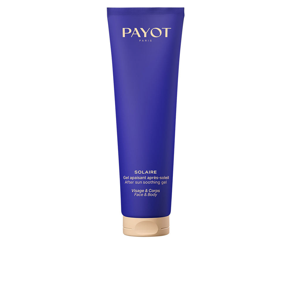 Payot Minimalist blue and beige plastic gel tube with flip-top cap, clean modern sunscreen packaging