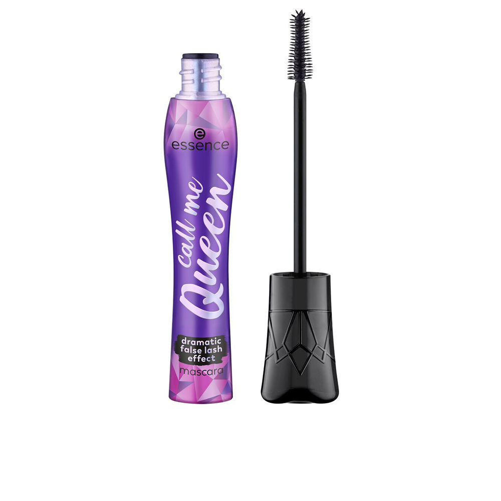 Purple-to-black gradient mascara tube with geometric cap pattern and visible bristle brush, Essence.