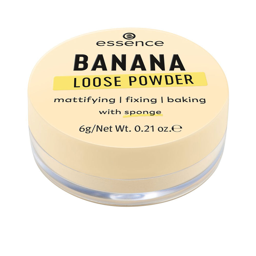 Essence Light yellow loose powder in round plastic jar with screw-on printed lid and transparent base