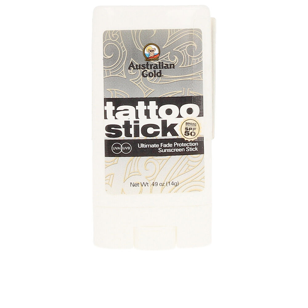 Australian Gold White rectangular plastic sunscreen stick with twist-up mechanism, SPF 50 label and decorative pattern