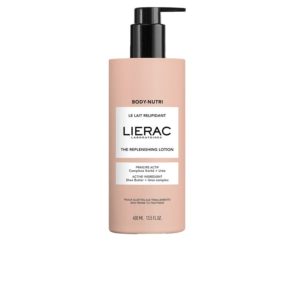 Lierac Peach cylindrical lotion bottle with black pump, rectangular label with black and white text
