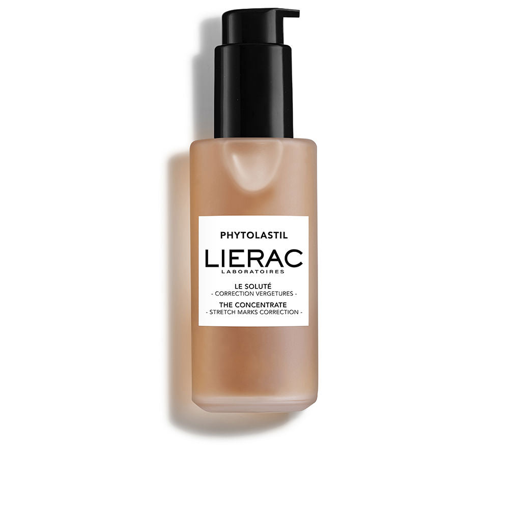 Frosted beige plastic bottle with black pump, rectangular label, minimalist bottle profile for Lierac
