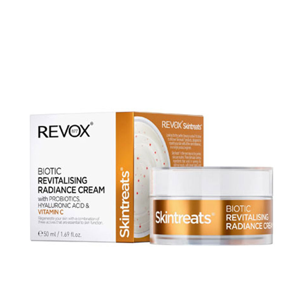 Revox B77 Modern white jar and cardboard box with orange band and white lid, plastic jar, clean labeled packaging