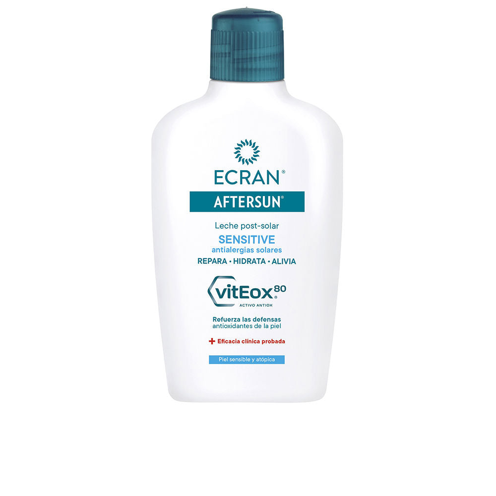 Ecran post-solar lotion in white plastic bottle with teal flip-top cap, simple clinical design