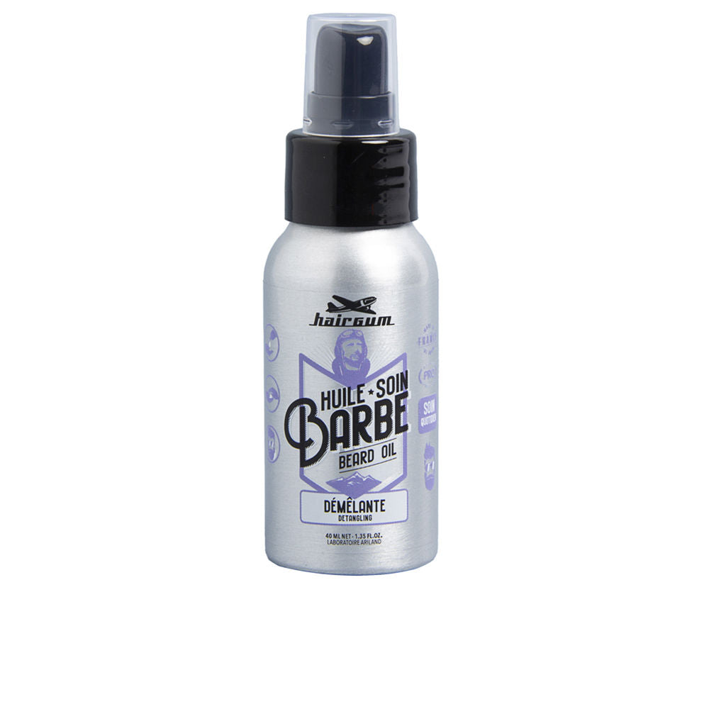 Hairgum Silver metal beard oil bottle with black pump and clear cap, purple label, modern minimalist finish