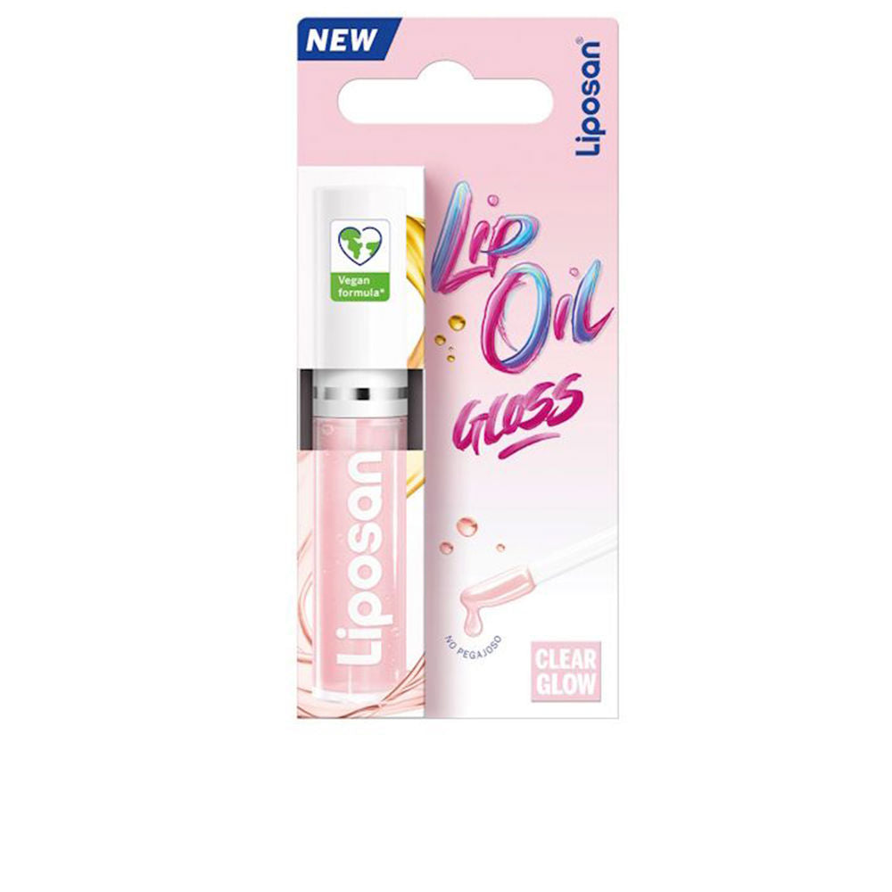 Sleek tube of Liposan Oil Gloss with glossy pink lip swatch