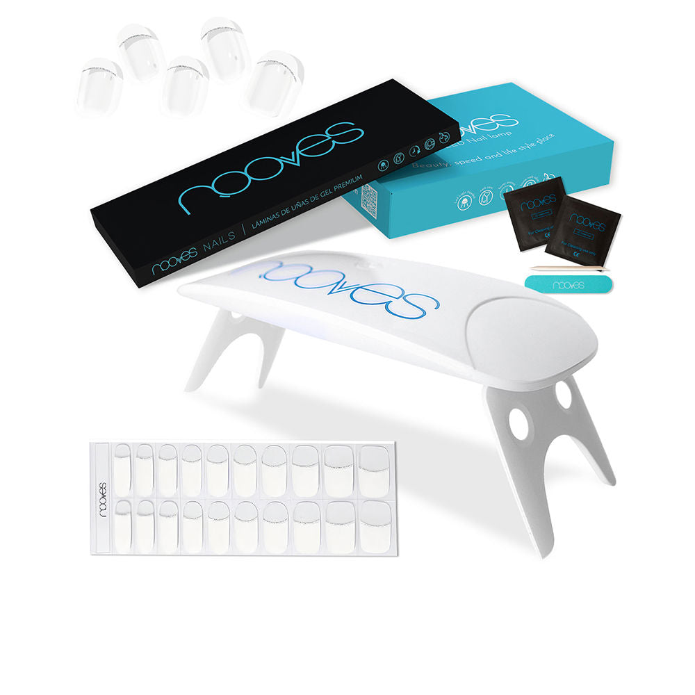Nooves White compact UV/LED lamp, black and blue self-adhesive gel nail sheets, plastic file and wooden stick